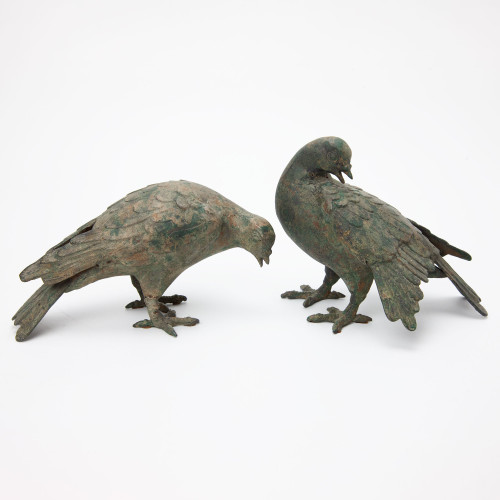 Mid Century Cast Iron Pigeon Bird Statue Pair Bronze Finish