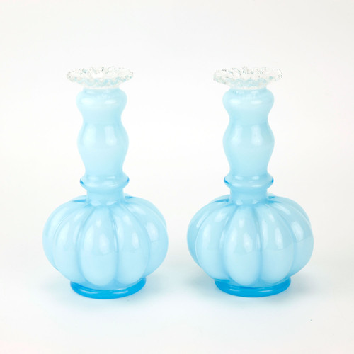 1930s Pair of Fenton Blue Overlay Perfume Bottles - No Stoppers