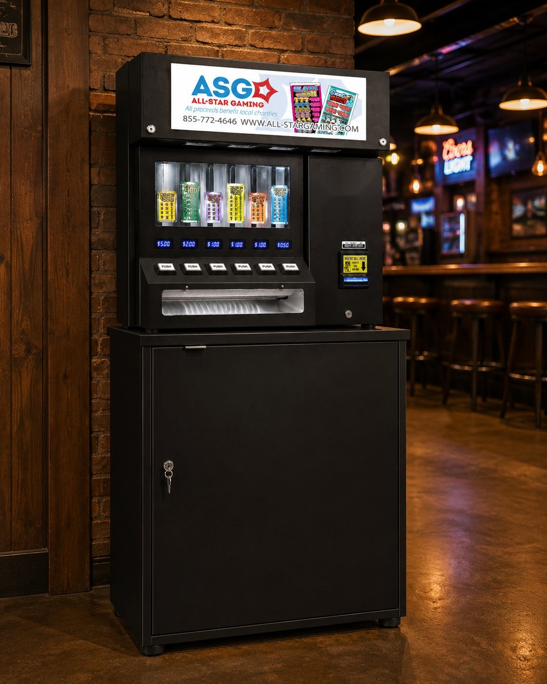 ASG pull tab dispenser in a neighborhood bar