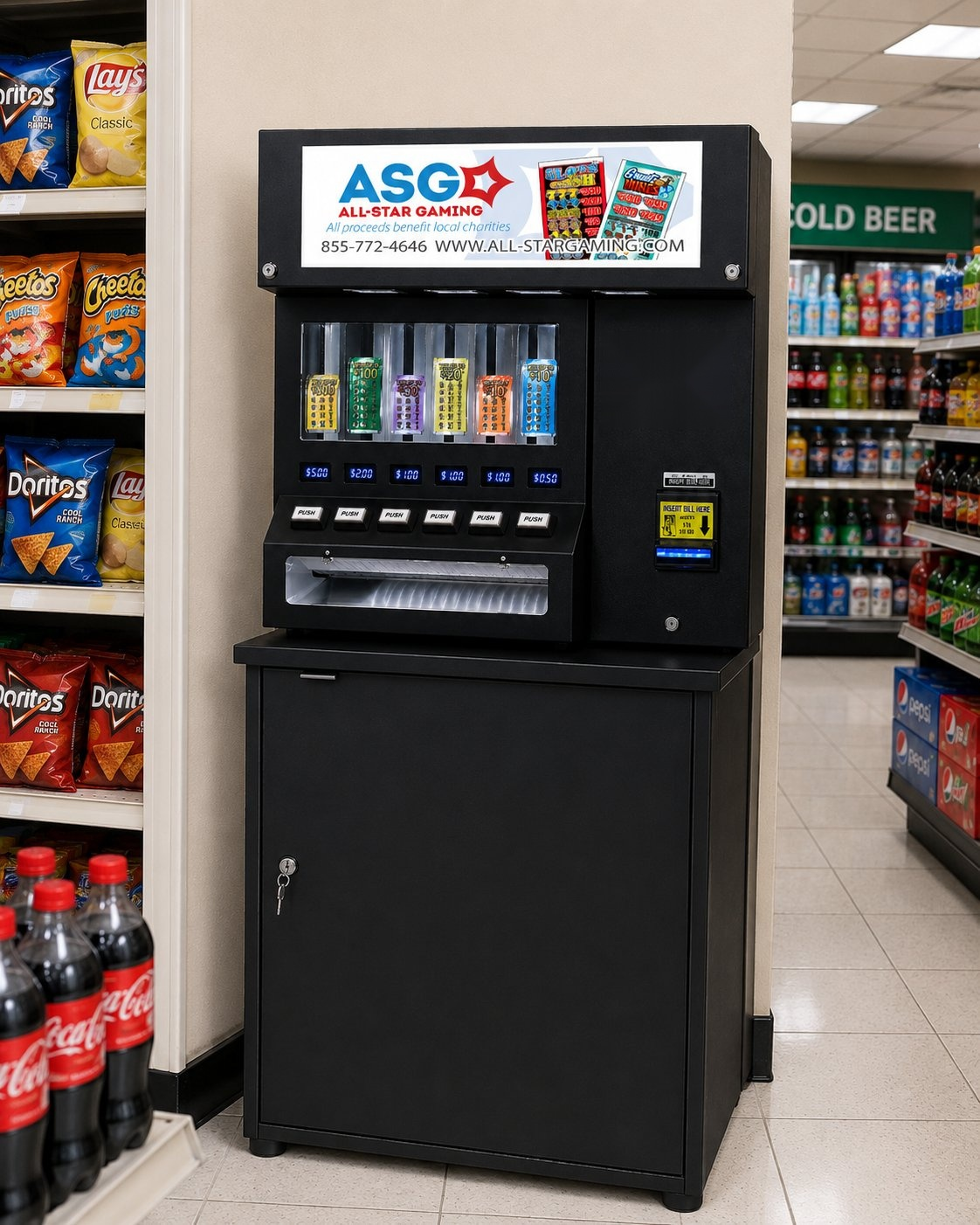 ASG pull tab dispenser in a convenience store