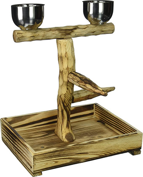 Wood Bird Perch with 2 Stainless Steel Feeding Cups