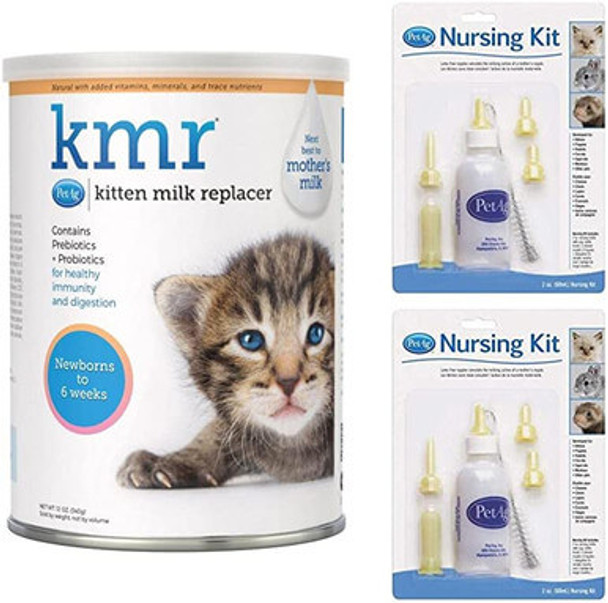 PetAg KMR Kitten Milk Replacer Powder 12 oz and 2 Pack Pet Nursing Kit