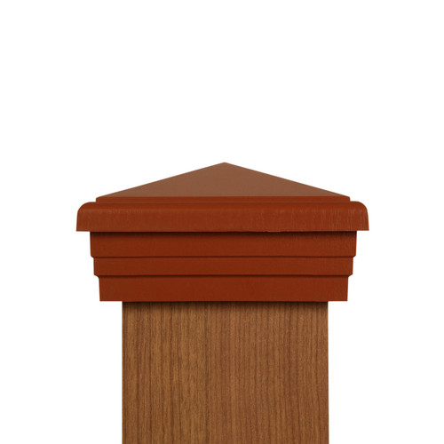 Four by four Cedar Color Pyramid Post Cap for wooden posts.