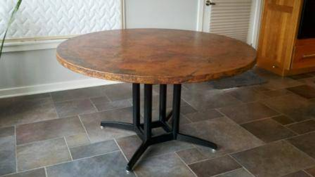 Hammered Copper Dining Table Top Mounted on a Trestle Style