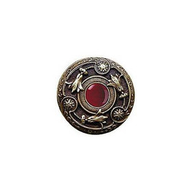 1-1/4" Dia. Jeweled Lily / Red Carnelian Knob - Antique Brass