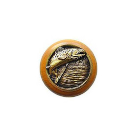 1-1/2" Dia. Leaping Trout / Maple Knob - Antique Brass