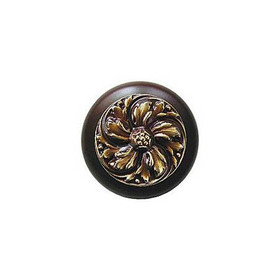 1-1/2" Dia. Chrysanthemum / Dark Walnut Knob - Antique Brass