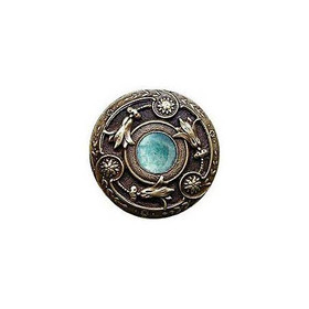 1-1/4" Dia. Jeweled Lily / Green Aventurine Knob - Antique Brass