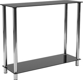 Riverside Collection Black Glass Console Table with Shelves and Stainless Steel Frame