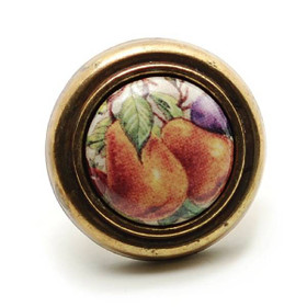 1-1/4" Dia. Country Expression Style Burnished Brass and Ceramic Round Knob - Plum and Pear