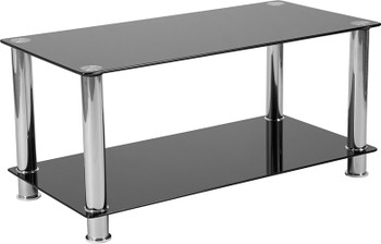 Riverside Collection Black Glass Coffee Table with Shelves and Stainless Steel Frame