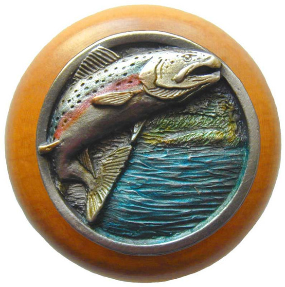 1-1/2" Dia. Leaping Trout / Maple Knob - Pewter Hand Tinted