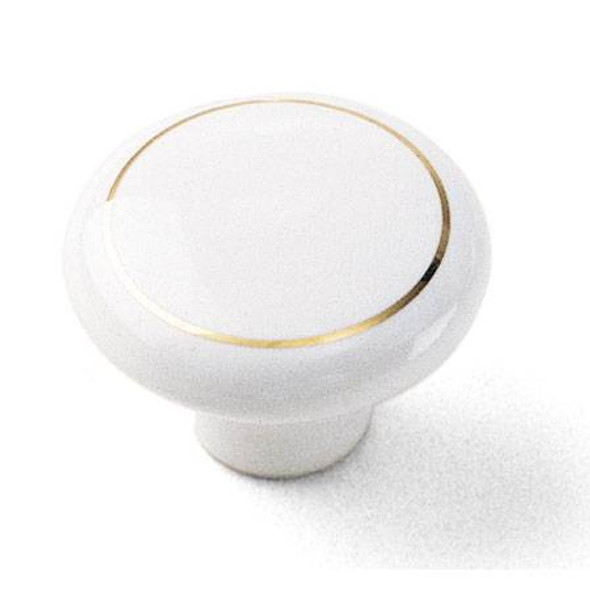 1-1/2" Dia. Ceramic Knob - White with Gold Ring