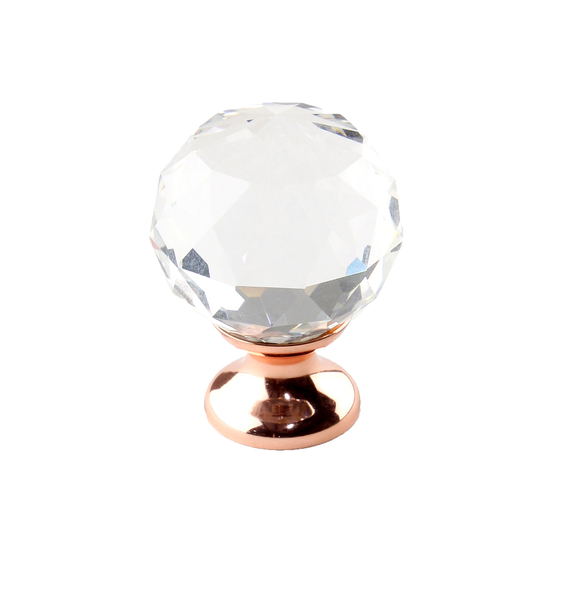 Transparent faceted Knob, 30mm dia, base 20mm dia, Polished Rose Gold (CENT18905-RGCRY)