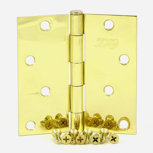 Stone Mill Hardware - 4-Inch Polished Brass Square Corner Door Hinges - (2 Pack) - SMH-SMH40SQ-PB - Knobbery.com