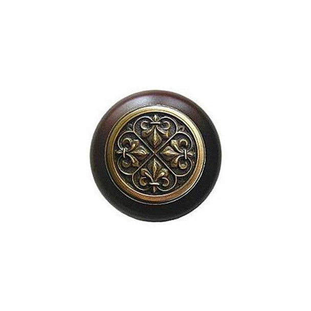 1-1/2" Dia. Fleur-de-Lis / Dark Walnut Knob - Antique Brass