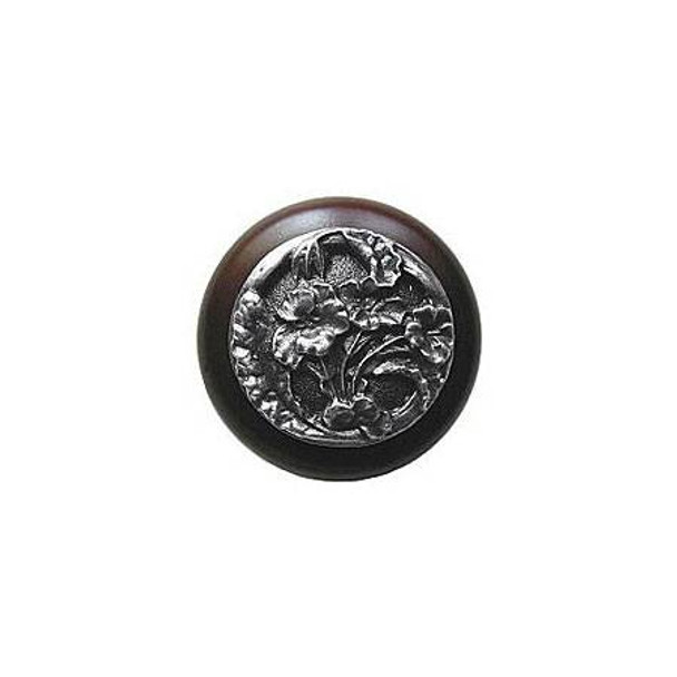 1-1/2" Dia. Hibiscus / Dark Walnut Knob - Antique Pewter