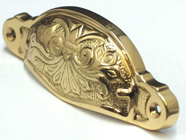 3-3/4" CTC Ornate Vintage Brass Bin Pull - Polished Brass
