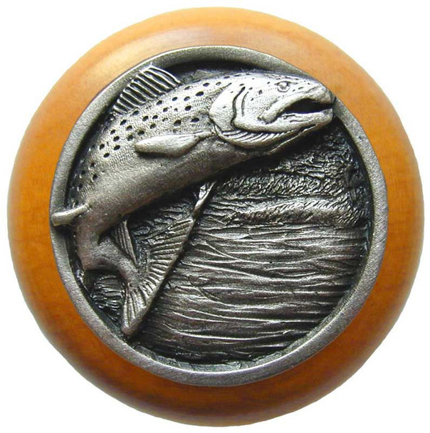 1-1/2" Dia. Leaping Trout / Maple Knob - Antique Pewter