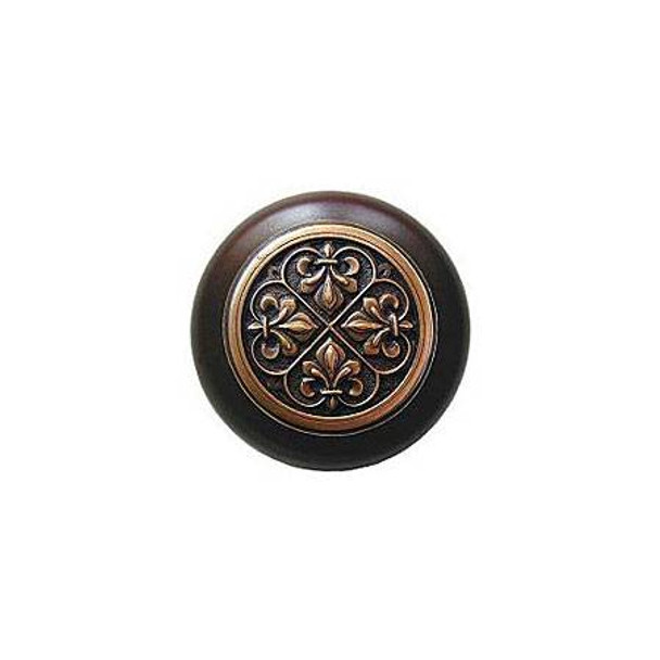 1-1/2" Dia. Fleur-de-Lis / Dark Walnut Knob - Antique Copper