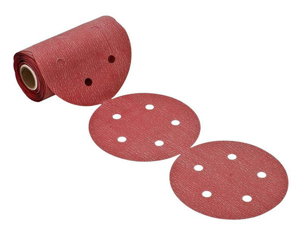 PSA disc, 5", 5 holes, aluminum oxide, premier red, 220 grit, paper, 100 per roll