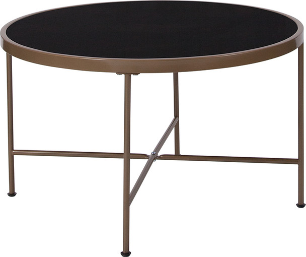 Chelsea Collection Black Glass Coffee Table with Matte Gold Frame