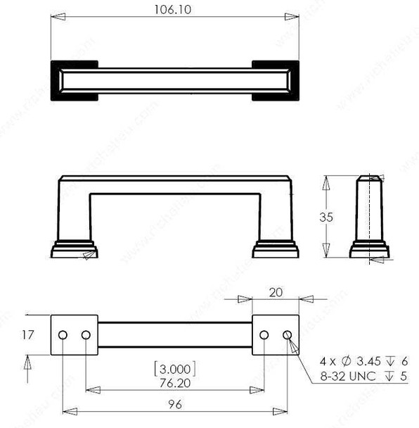 3"/96mm CTC Rectangular Transitional Square Base Pull - Antique Nickel