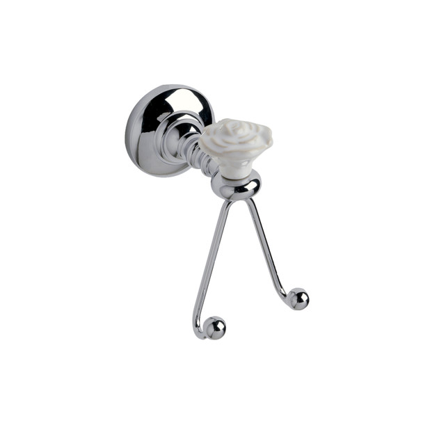 Premium Solid Brass, Double hook, Polished Chrome w/ White Rose (CENT81710-26W)