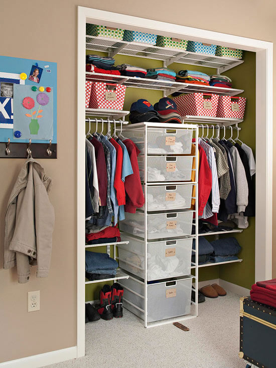 Closet with drawers, hanging rod all cleanly organized