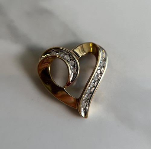Diamond Heart Pendant, Gorgeous Sparkly Estate 10KT Yellow Gold Heart Charm, Round Brilliant Cut Diamond Stone, Gift for Her, Love Jewellery