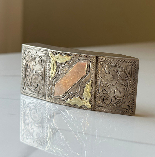 Vintage Mexican Sterling Silver and 10-18KT Gold Intricate Belt Buckle, Yellow and Rose Gold Detail Belt Buckle, Metal Vintage Belt Buckle Vintage Mexican Sterling Silver and 10-18KT Gold Intricate Belt Buckle, Yellow and Rose Gold Detail Belt Buckle, Metal Vintage Belt Buckle
