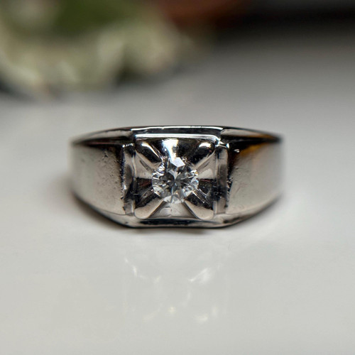Vintage 14KT White Gold Cast Diamond Solitaire Wide Tapered Band Ring, Four Claw Set Round Brilliant Cut Diamond, Size 9 US Wedding Band