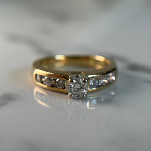 Vintage 14KT Yellow Gold Diamond Ring, Channel Set Diamonds, Simple and Stackable Gold and Diamond Anniversary Style Ring Size 4 US