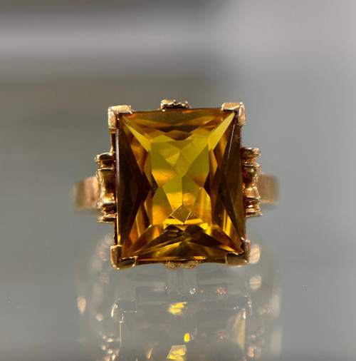 Estate 10KT Gold Synthetic Stone Ring, Emerald Cut Yellow Stone Statement Ring, Square Cut Yellow Ring, Yellow Gold Dinner Ring Size 6 US