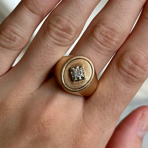 Vintage 10KT Yellow and White Gold Oval Top Signet Ring, Solitaire Old European Cut Diamond Signet Ring, Simple Gold Signet Ring Size 8.5 US