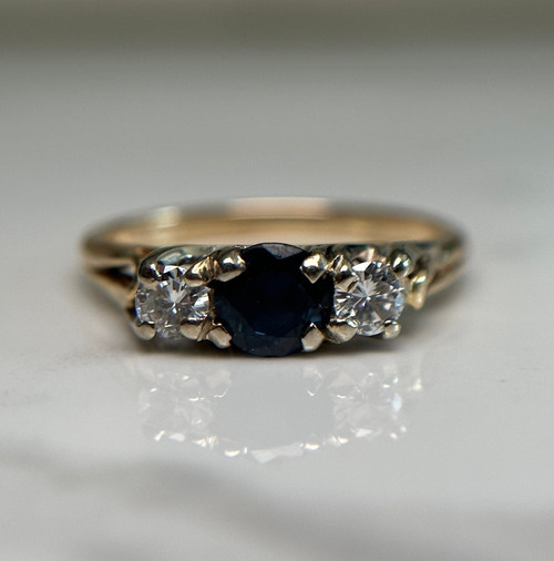 Stackable Diamond and Sapphire Ring, 14KT Yellow Gold Three Stone Band, Thin and Minimalist Deep Blue Stone Ring Size 6.25 US