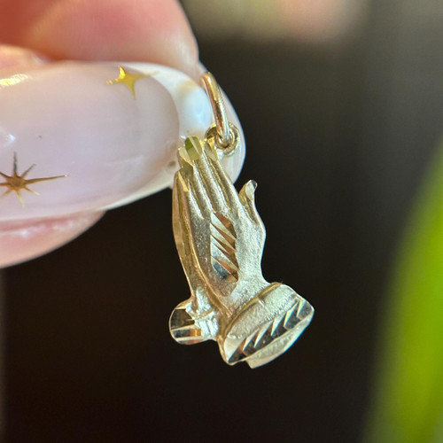Estate 10KT Gold Praying Hands Charm, Solid Yellow Gold Pendant, Catholic Christian Religious God Loving Gift for Baptism or Communion
