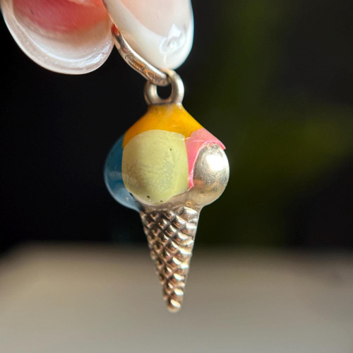 Vintage UNOAERRE Enamel Icecream Cone Charm, 9KT Yellow Gold Cute and Quirky Colourful Pendant, Italian Gold Waffe Cone Bracelet Addition Vintage UNOAERRE Enamel Icecream Cone Charm, 9KT Yellow Gold Cute and Quirky Colourful Pendant, Italian Gold Waffe Cone Bracelet Addition