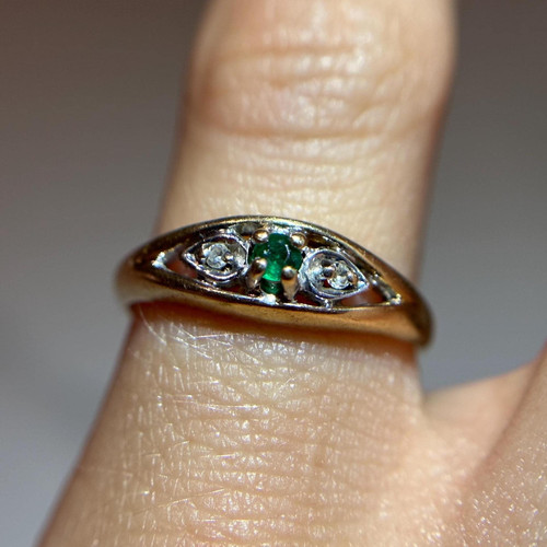 Gorgeous Emerald Diamond Pinky Ring, 10KT Gold Green Gemstone, Tiny Band Yellow Gold Cut Out Three Stone Design, Green Ring Size 4 US Gorgeous Emerald Diamond Pinky Ring, 10KT Gold Green Gemstone, Tiny Band Yellow Gold Cut Out Three Stone Design, Green Ring Size 4 US