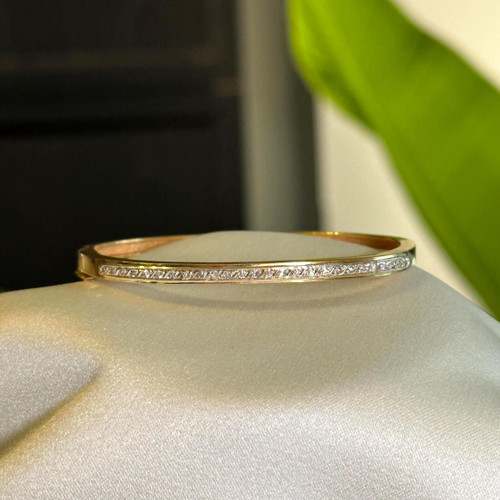 Solid Gold Diamond Bangle Bracelet, Estate 14KT Yellow Gold Small Diamonds, Square Edge Box Clasp & Lock, Rectangular Minimalist and Sparkly