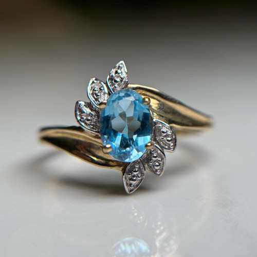 Cute Blue Topaz Ring, Estate 10KT Yellow and White Gold Flower Petal Flair Accent Blue Gemstone Ring Bypass Band, Girly Ring Size 7.25 US Cute Blue Topaz Ring, Estate 10KT Yellow and White Gold Flower Petal Flair Accent Blue Gemstone Ring Bypass Band, Girly Ring Size 7.25 US