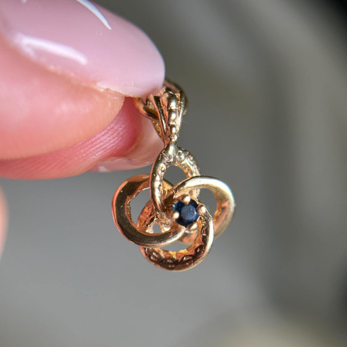 Small Gold and Sapphire Spiral Flower Charm, 10KT and 14KT Yellow Gold Estate Pendant, Circle Cute Girly Stackable Preloved Jewellery