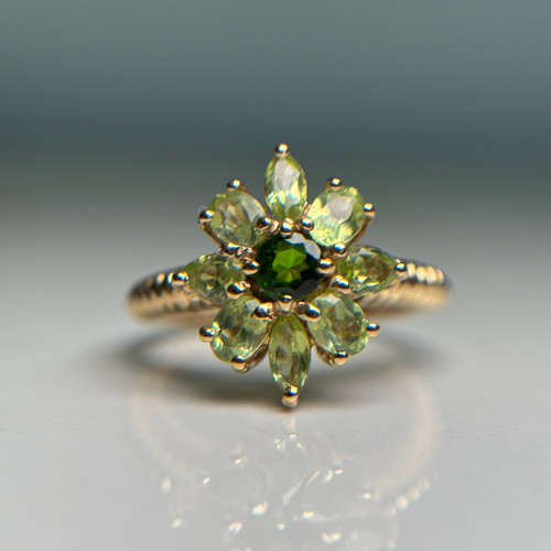 Peridot and Tourmaline Flower Statement Ring, Estate 14KT Yellow Gold Green Gemstone Jewellery, Floral Cluster Ring Size 7.25 US Peridot and Tourmaline Flower Statement Ring, Estate 14KT Yellow Gold Green Gemstone Jewellery, Floral Cluster Ring Size 7.25 US