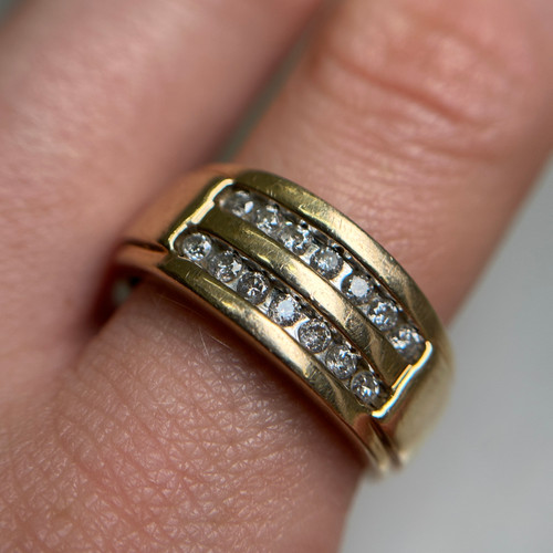 Estate 10KT Yellow Gold Wide Band Diamond Ring, Two-Row Channel Set Diamonds – Estate Ring Size 7.5 US Estate 10KT Yellow Gold Wide Band Diamond Ring, Two-Row Channel Set Diamonds – Estate Ring Size 7.5 US