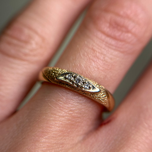 Textured 14KT Yellow Gold Band with Diamond Accents, Estate Hammer Texture Stacking Ring Size 5 US Textured 14KT Yellow Gold Band with Diamond Accents, Estate Hammer Texture Stacking Ring Size 5 US