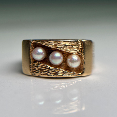 Chunky Three Pearl 14KT Gold Ring, Wide Square Pearl Statement Band, Textured Yellow Gold Estate Jewellery, Vintage Danish Jewellery 6.25 US