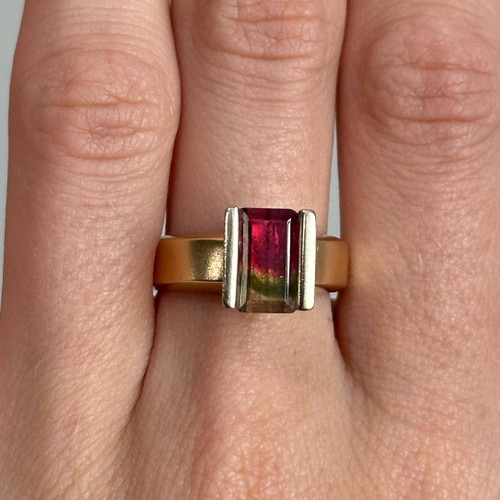 Estate 14KT Watermelon Tourmaline Ring, Natural Coloured Gradient Pink to Green Gemstone Statement Jewellery, Yellow Gold Ring Size 6.5 US Estate 14KT Watermelon Tourmaline Ring, Natural Coloured Gradient Pink to Green Gemstone Statement Jewellery, Yellow Gold Ring Size 6.5 US