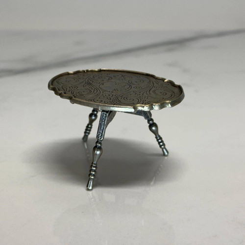 Miniature Silver Dollhouse Folding Table - Antique Sterling Toy Table - Excellent Condition, Decorative Engraved Design