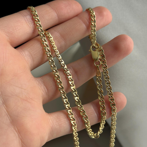 Italian 14KT Gold Mariner Link Chain, Flat and Stackable Yellow Gold Necklace, 20" Long and 3.5mm Wide Lobster Claw Clasp, Estate Jewellery