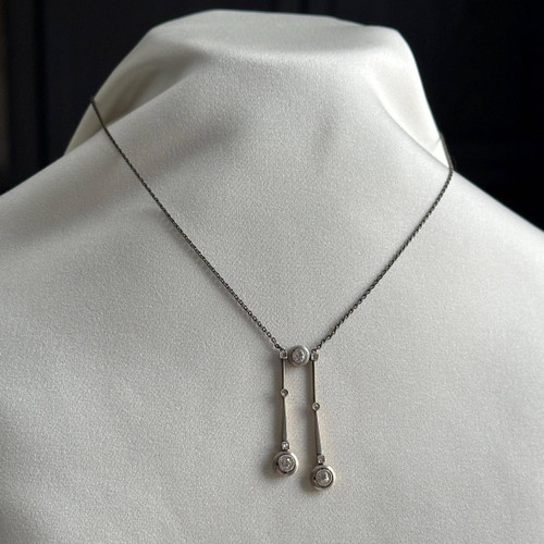 Vintage 14KT Yellow Gold and Platinum Diamond Drop Necklace, Old Mine Cut and Rose Cut Antique Diamonds, Long Dangle Necklace Pendant